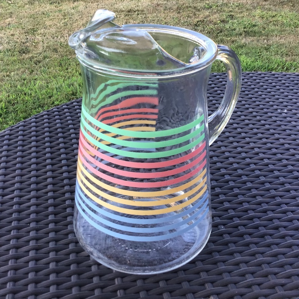 Vintage Anchor Hocking Pitcher Glass Fiesta Striped Beverage Carafe Rainbow